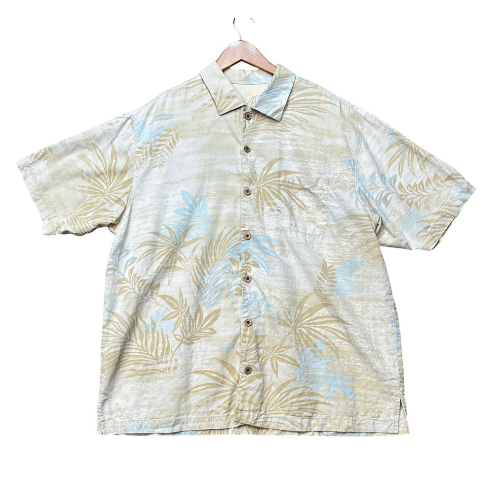 Tommy Bahama Button Down Shirt Mens XL Beige Tropical Palm Leaf Camp Collar Silk